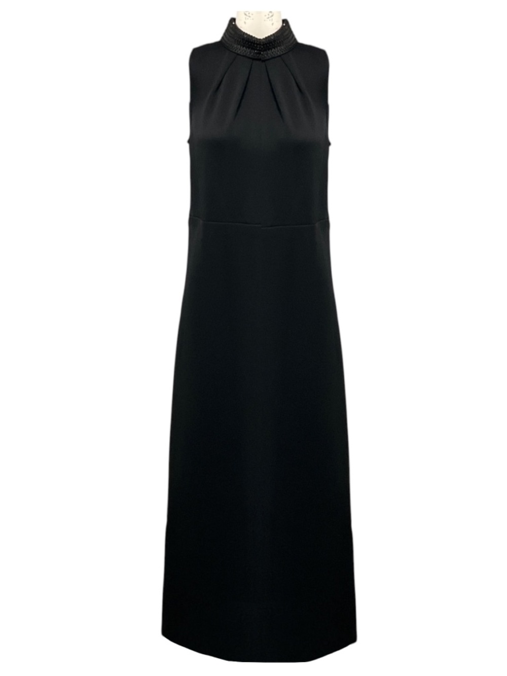 ST. JOHN BLACK RHINESTONE EMBELLISHED COLLAR SLEEVELESS STRETCH KNIT MAXI DRESS